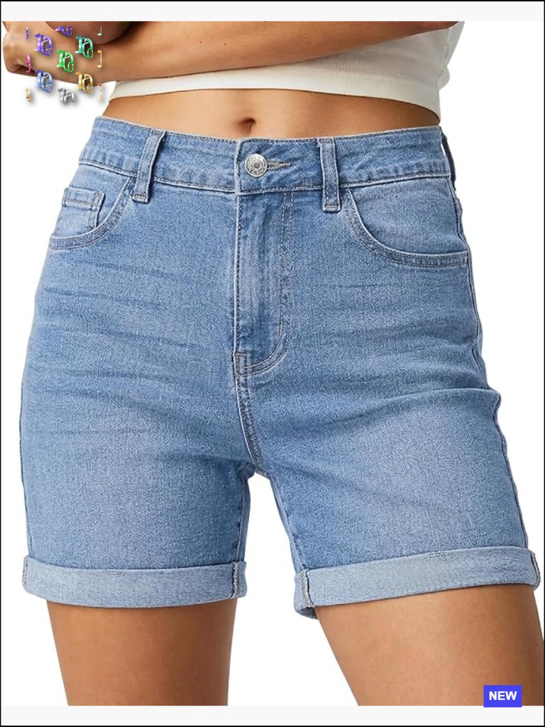 High Waisted Denim Shorts Stretchy Cuffed Hem Trendy Summer Jorts